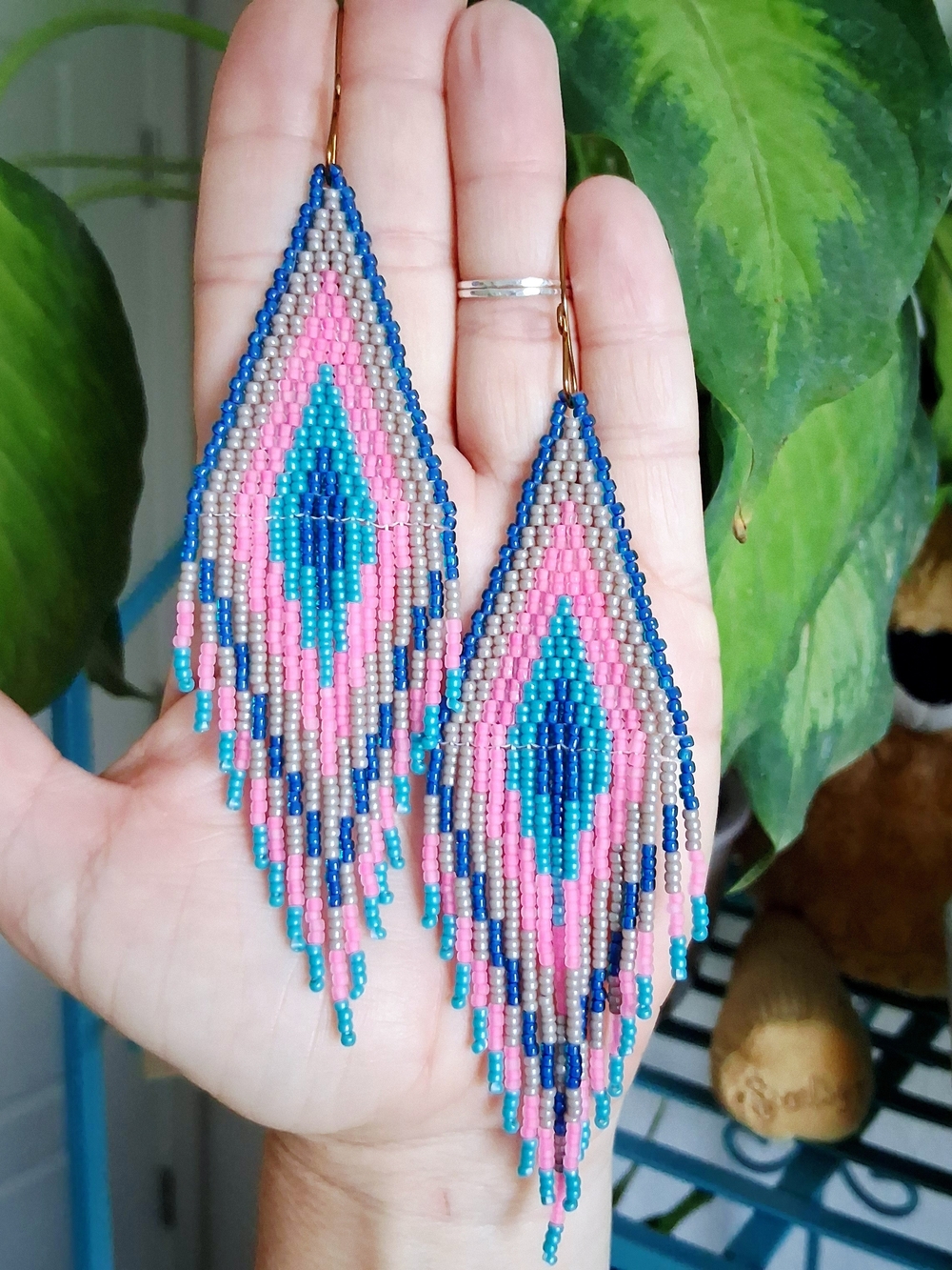 Boho Pink & Blue Seed Bead Fringe Earrings, 5.5" - Picture 4 of 8